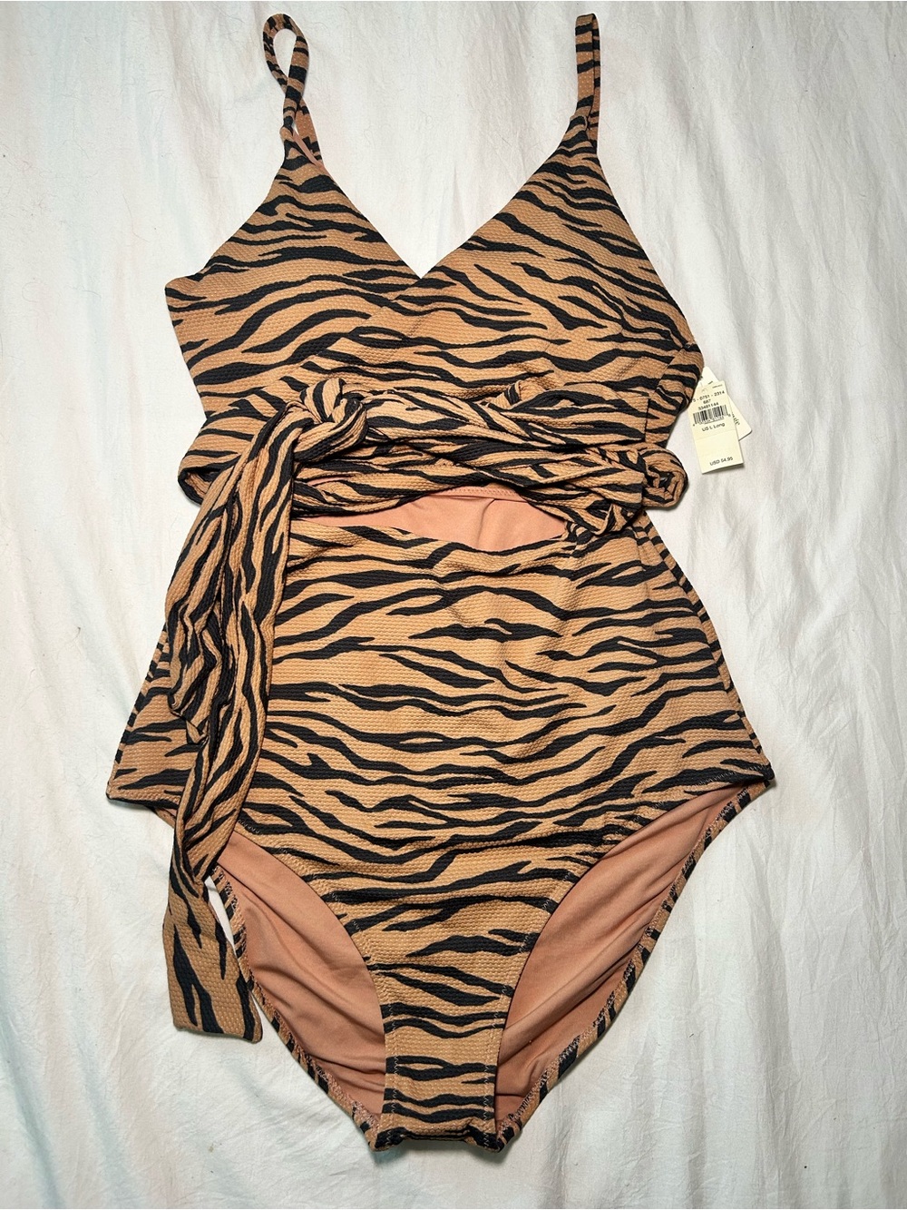 Aerie Tiger Stripe Animal Print Pique Wrap One Piece Swimsuit Tan Brown & Black - Picture 6 of 9